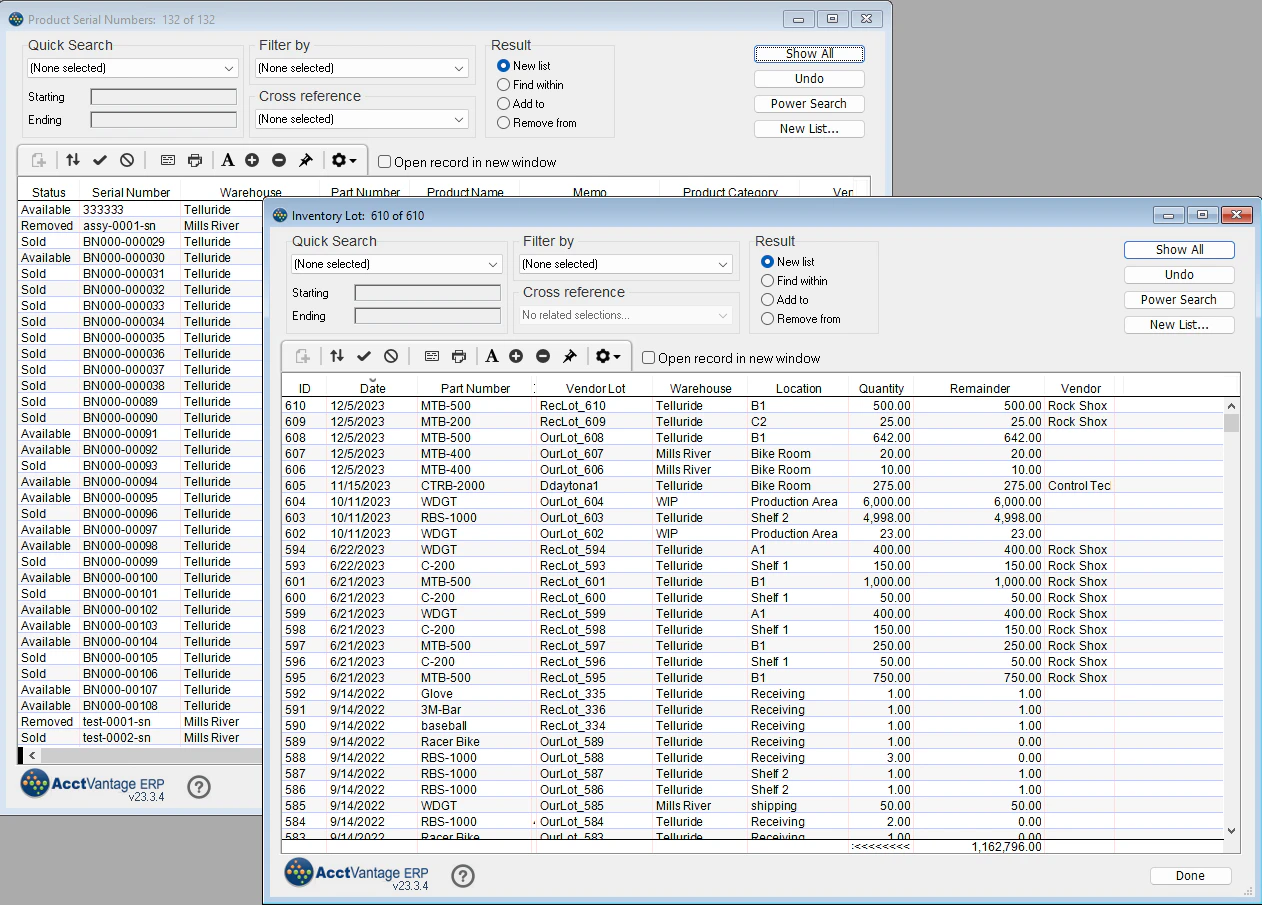 screenshot of AcctVantage ERP